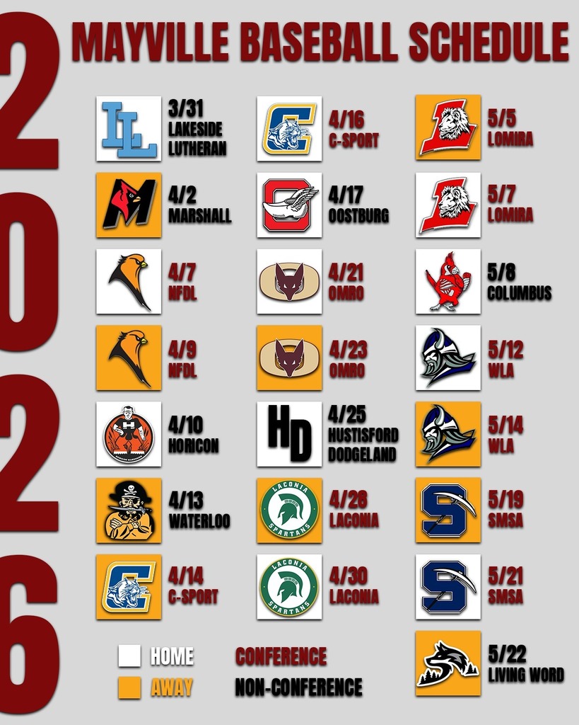2026 Mayville Baseball Schedule with opponent school logos and dates
