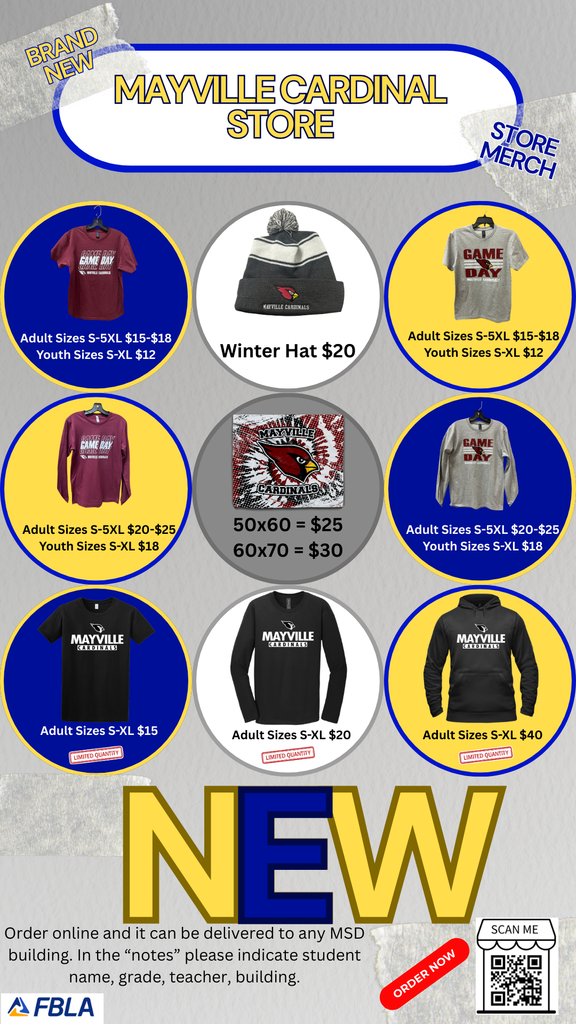 Spring break is here, but is the weather in our favor with all of our upcoming outdoor sports??? FBLA Cardinal Store has you "covered" with blankets, hats, and clothing for BOTH youth (sizes S-XL) and adults (S-5XL). Then when the weather transitions to warm we have baseball hats to help keep the sun out of your eyes. Place your order during spring break week and the FBLA Cardinal Store will process your order the week of 3/23/26 upon our return to school. Let's show your Cardinal Pride! Thank you for your continued support! Shop now at https://mayville-fbla-school-store.square.site/ #cardinalpride #mhsfbla #springbreak #communitysupport