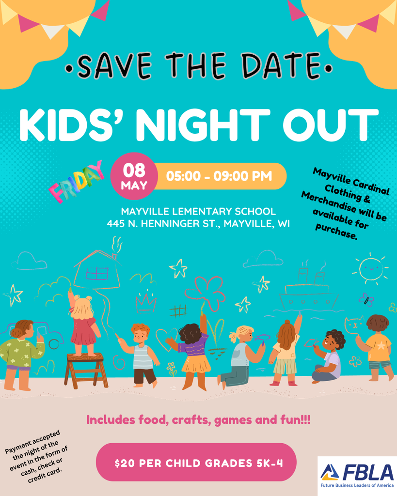 Kids Night Out flyer with turquoise background, white letters, children drawing as if on a chalkboard in rainbow colors, price per child in pink and FBLA logo in lower right corner