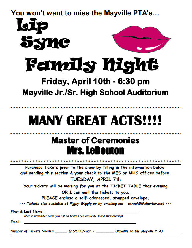 Lip Sync Family Night Flyer white background, black text with a pink lips image and event details and a ticket order section at the bottom of the page