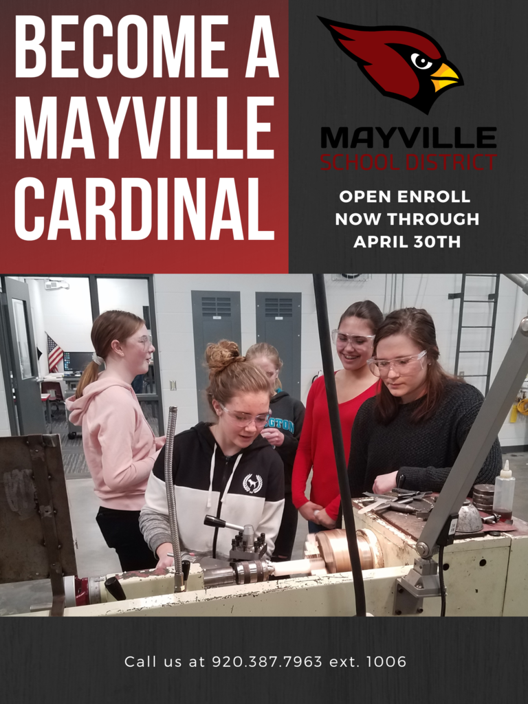 Become a Cardinal open enrollment ad with female students working on a machine in the tech ed department, black background with Cardinal red  gradient in upper right