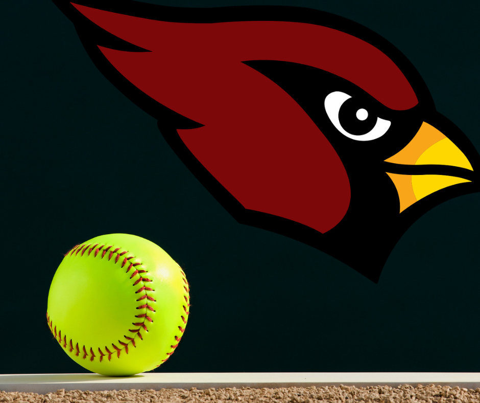 Cardinal logo with softball on black background with gravel at bottom of image