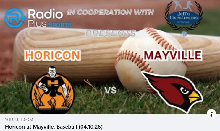 Radio Plus Sports in cooperation with Jeff's Livestreams presents Horicon vs. Mayville with grass, wooden bat and dirt from baseball field background, logos for both the Marshmen and the Cardinals, and text in various shades to match the broadcast logos