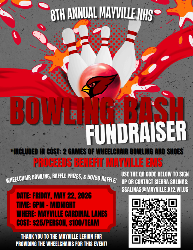 Gray background with red, white and orange splashes of color and the red Mayville Cardinal logo, QR code to register and Bowling Bash Fundraiser in large text