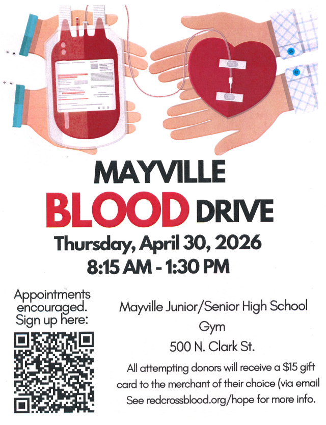 Mayville Blood Drive graphic black text on white background date, time, location listed, QR code for registration, graphic of hands holding a pint of blood and a heart cutout