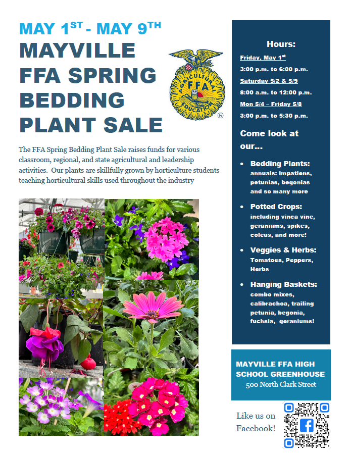 FFA Plant Sale info sheet white background with blue text and FFA logo, photos of flowers, and blue column at right with hours and types of plants for sale, as well as a QR code to Like the event on Facebook