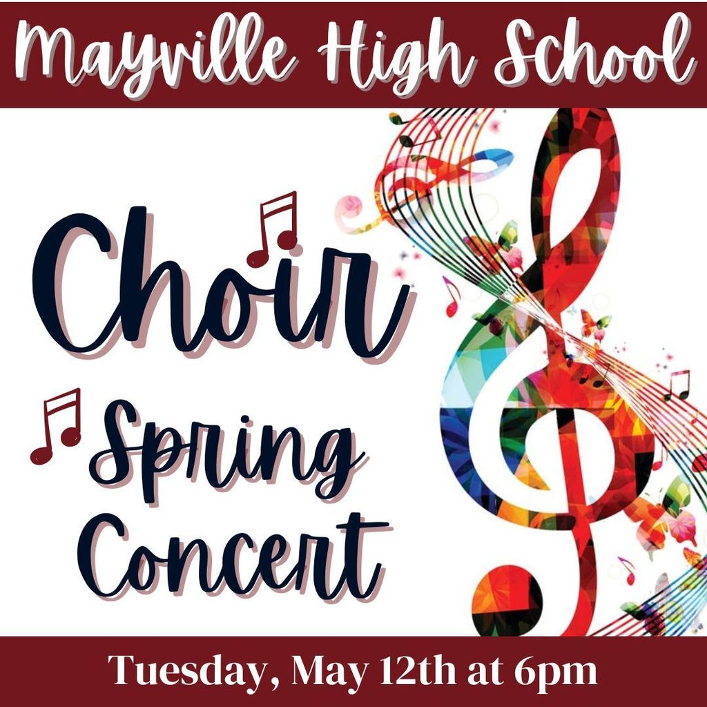 Spring Choir Concert 2026 graphic with white background and red banners with white text, treble clef and rainbow music notes