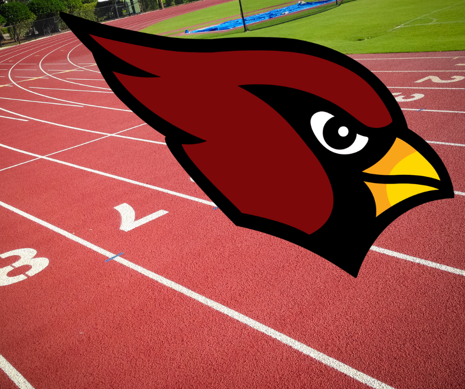 Red track with white striping, green infield and long jump pit in center. Mayville Cardinal logo over the top. 