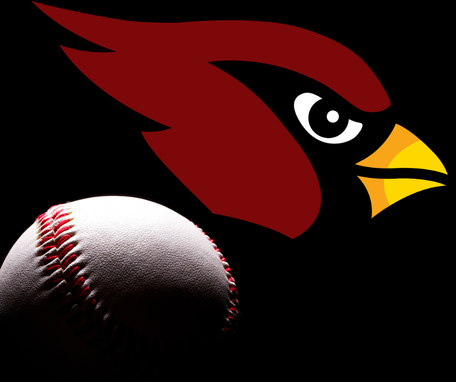 Mayville Baseball graphic with black background, white baseball in shadow at lower left and red Mayville Cardinal head logo in upper right