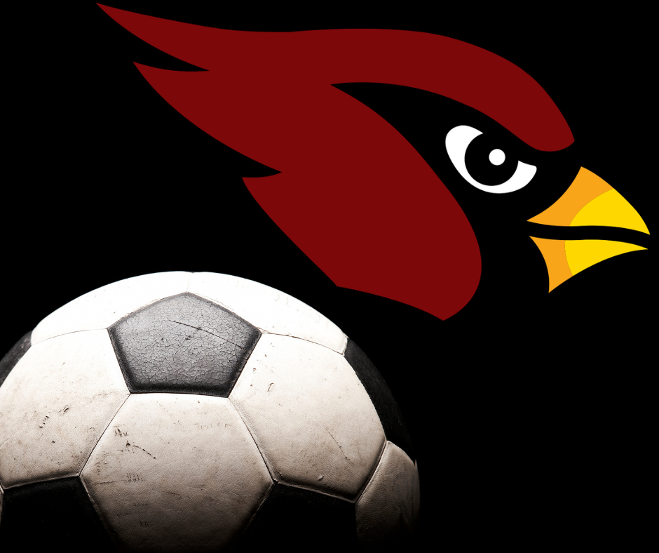 Cardinals Soccer image with black background, soccer ball in shadow in lower left corner, and red Mayville Cardinal head logo in upper right