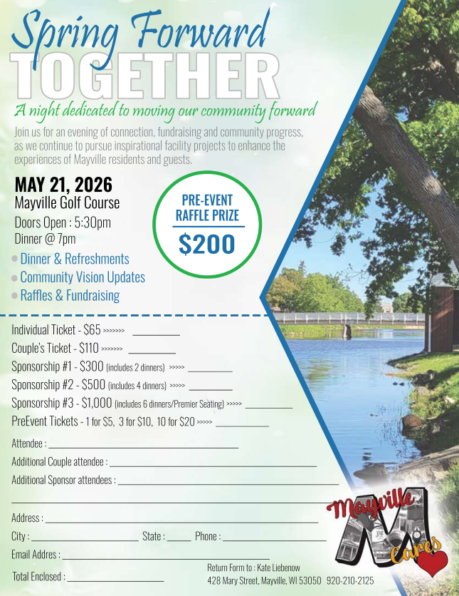 Mayville Cares Registration Sheet with image of Rock River and Pavilion bridge, the Mayville Cares logo and details about the event as noted in the post
