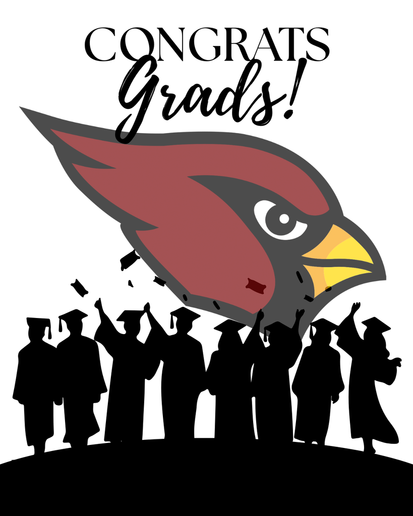 Congrats grads graphic with figures of graduates in cap and gown throwing their caps in the air and our Cardinal mascot head logo