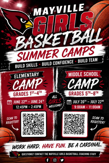 Mayville Girls Basketball Summer Camps registration flyer with QR codes and dates/times