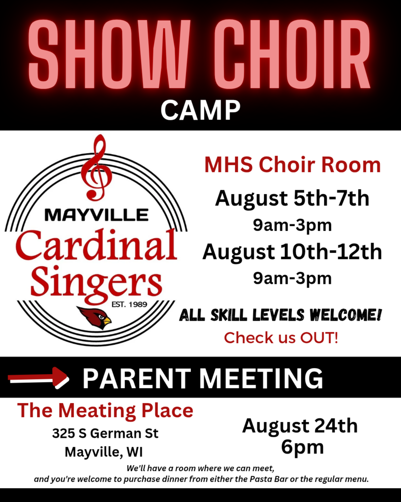 Show Choir Camp flyer with dates and times