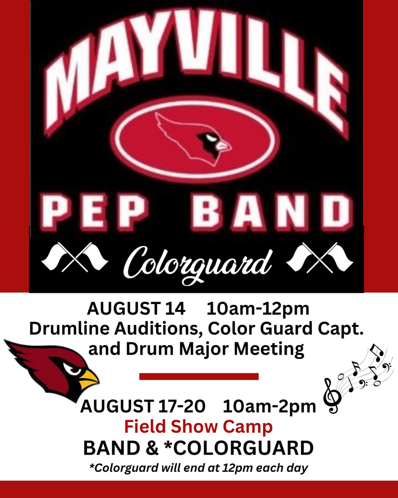Mayville Pep Band and Colorguard Camp Flyer with logo and music notes and information from the post