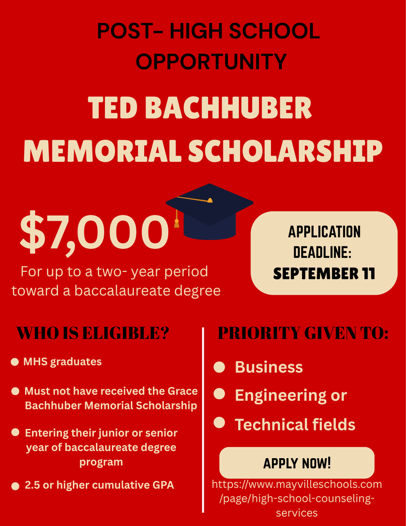 Information graphic on red background for the Ted Bachhuber Memorial Scholarship