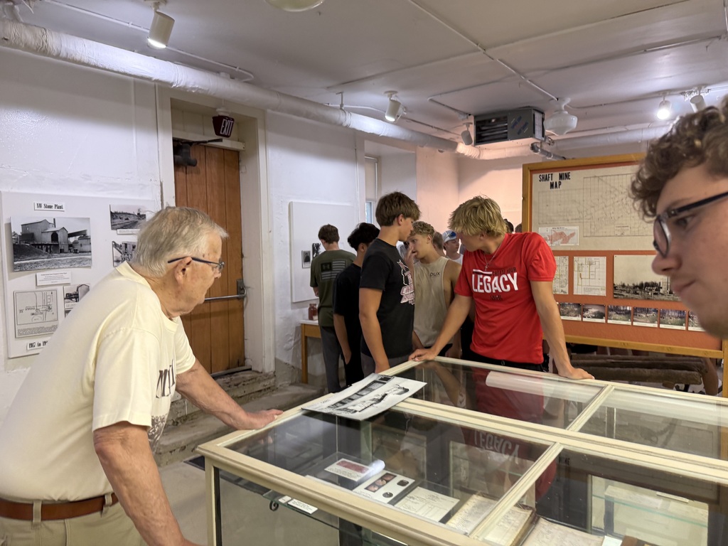 Mayville Limestone School Museum Football Team Tour hosted by Bill Lee (student athletes touring exhibits)