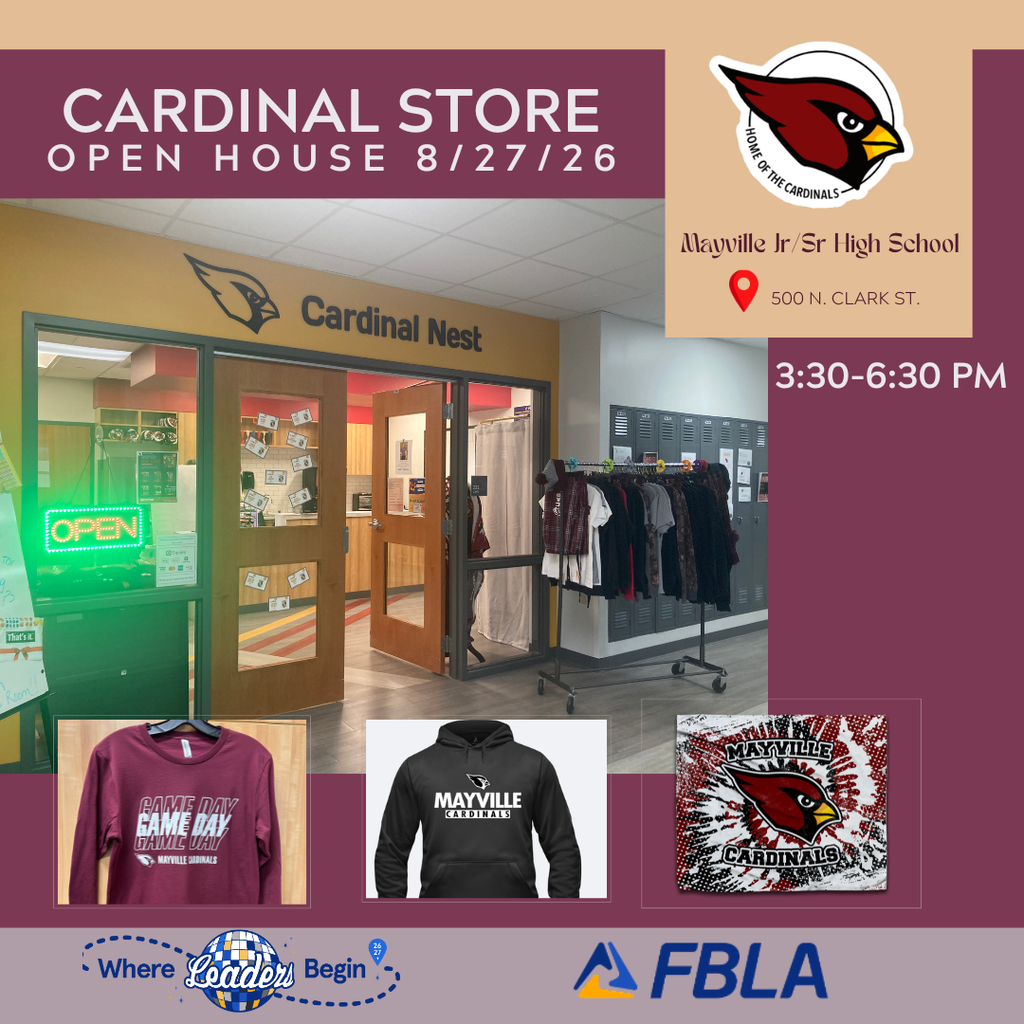 Cardinal Nest School Store FBLA Flyer with photo of store and apparel items