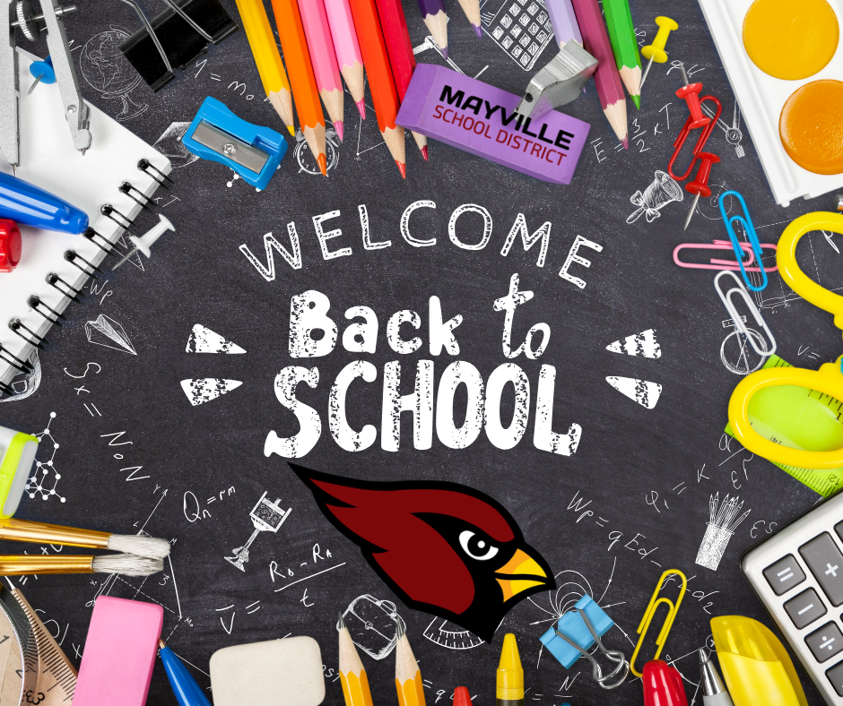 Welcome Back to School graphic with chalkboard and school supplies graphics