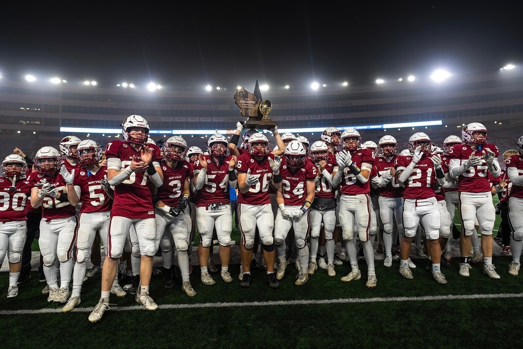 Mayville Football Champs 2025 student football athletes with trophy