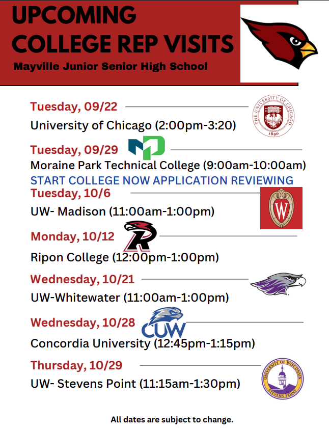 Upcoming College Rep Visits at MHS listing with Cardinal logo and school logos for colleges and trade schools represented