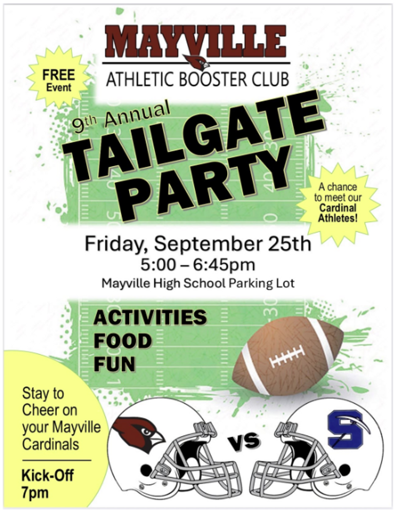 Tailgate Party graphic food activities fun Friday, 9/25 from 5-6:45pm in the MHS parking lot