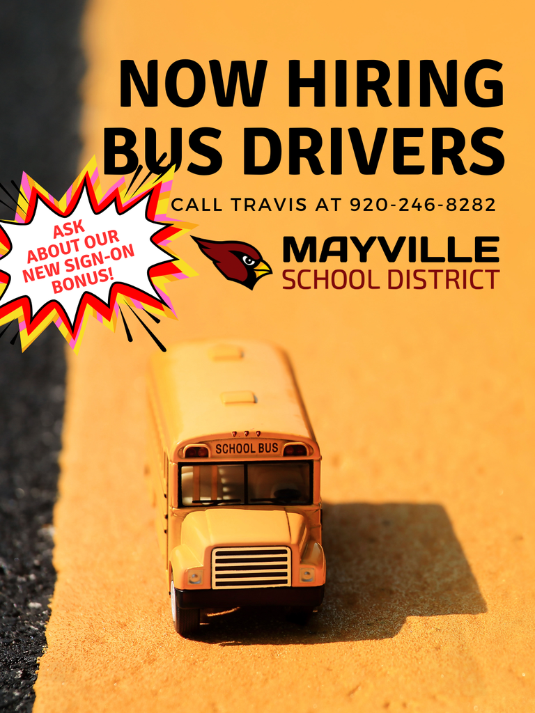 Now hiring bus drivers graphic with yellow school bus and new sign-on bonus