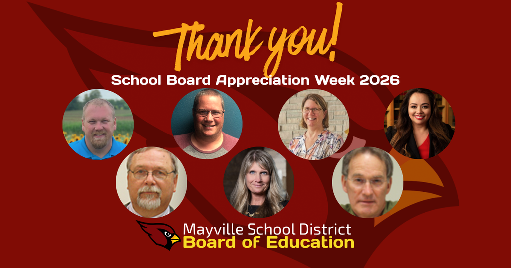 Thank You to the Mayville Board of Education during School Board Appreciation Week 2026 red banner with headshots of board members
