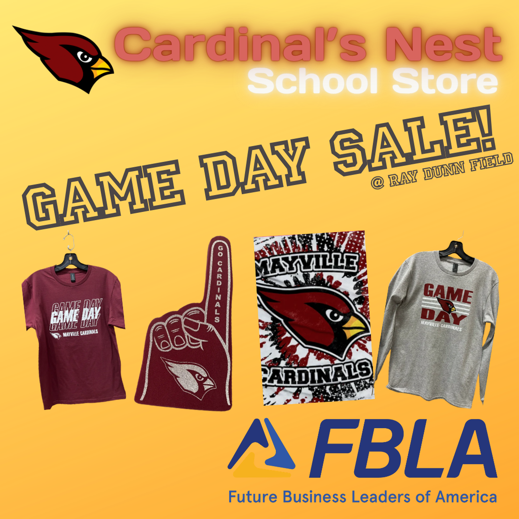 Cardinal's Nest School Store Game Day Sale graphic with merchandise images on yellow background