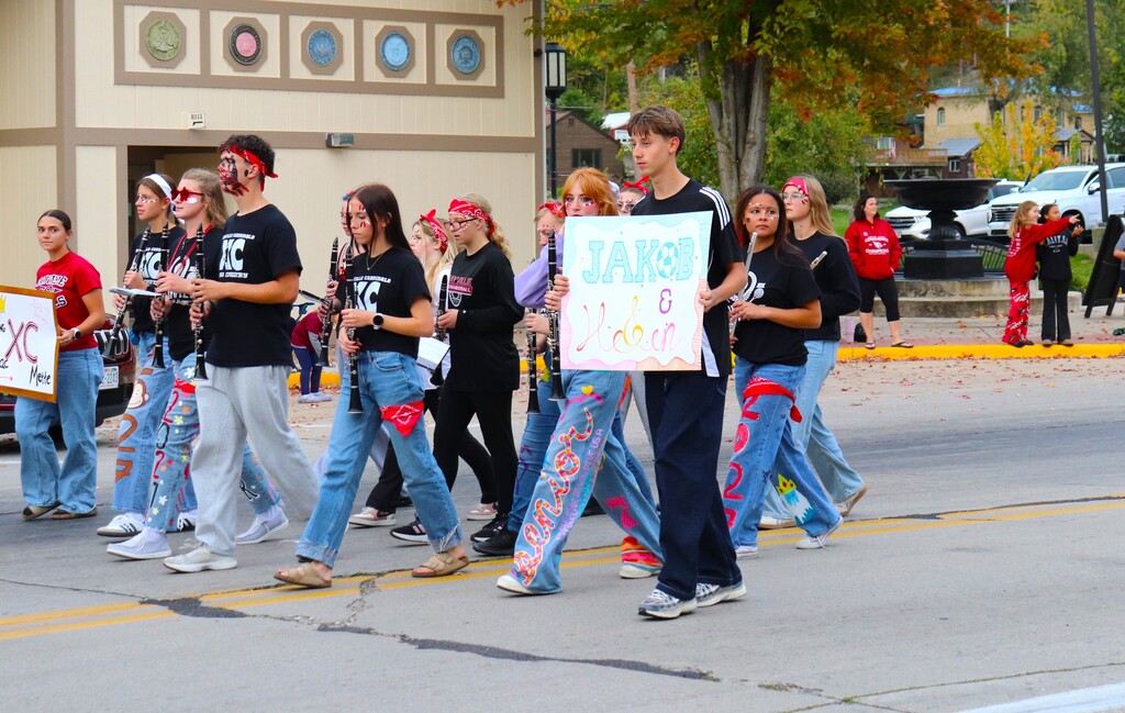2026 Homecoming Parade down Main St in Mayville with students marching, riding, smiling and school spirit