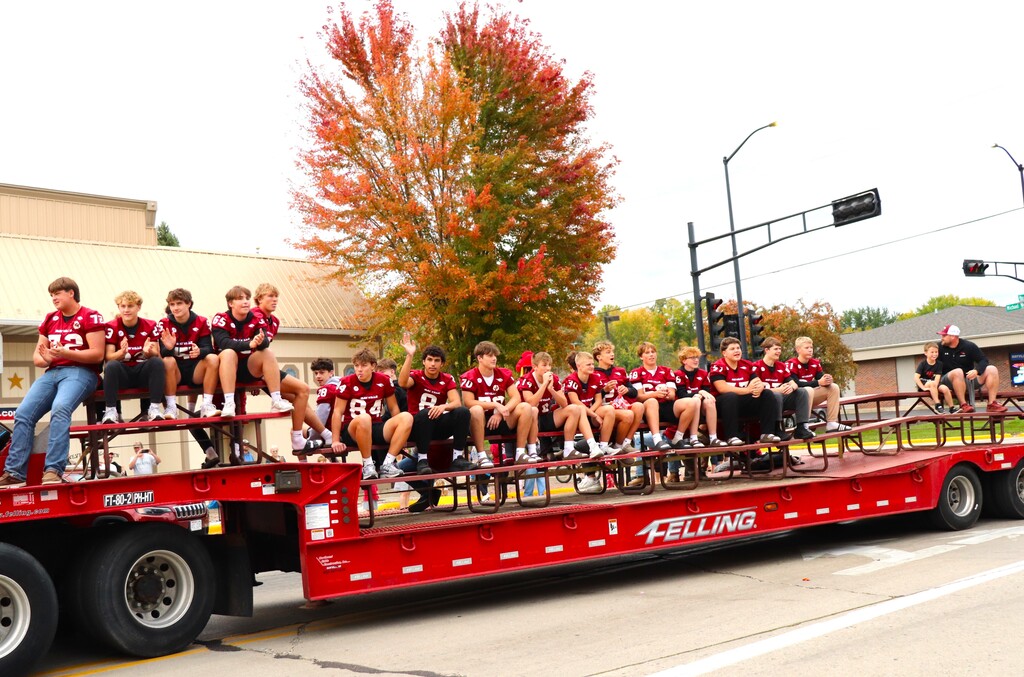 2026 Homecoming Parade down Main St in Mayville with students marching, riding, smiling and school spirit