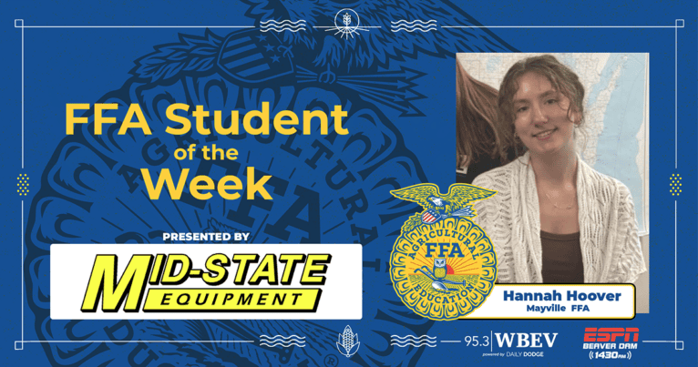 FFA Student of the Week graphic for WBEV radio sponsored by Mid-State Equipment MHS senior Hannah H. with student photo