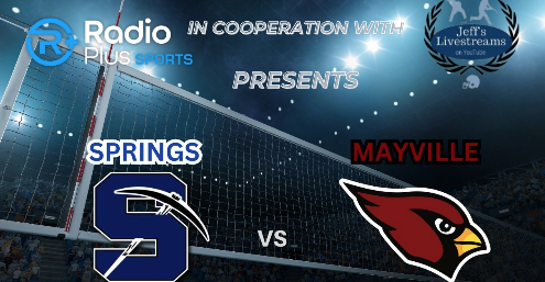 Mayville Volleyball at Springs Jeff's Livestreams and RadioPlus Sports Logos against a volleyball net backdrop