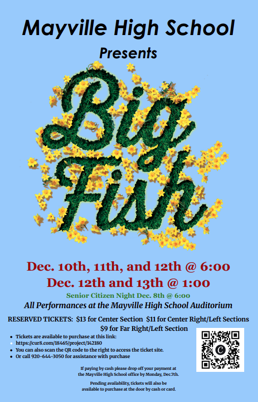 Big Fish the Musical poster with performance dates and times and ticket sale information, along with QR code on light blue background