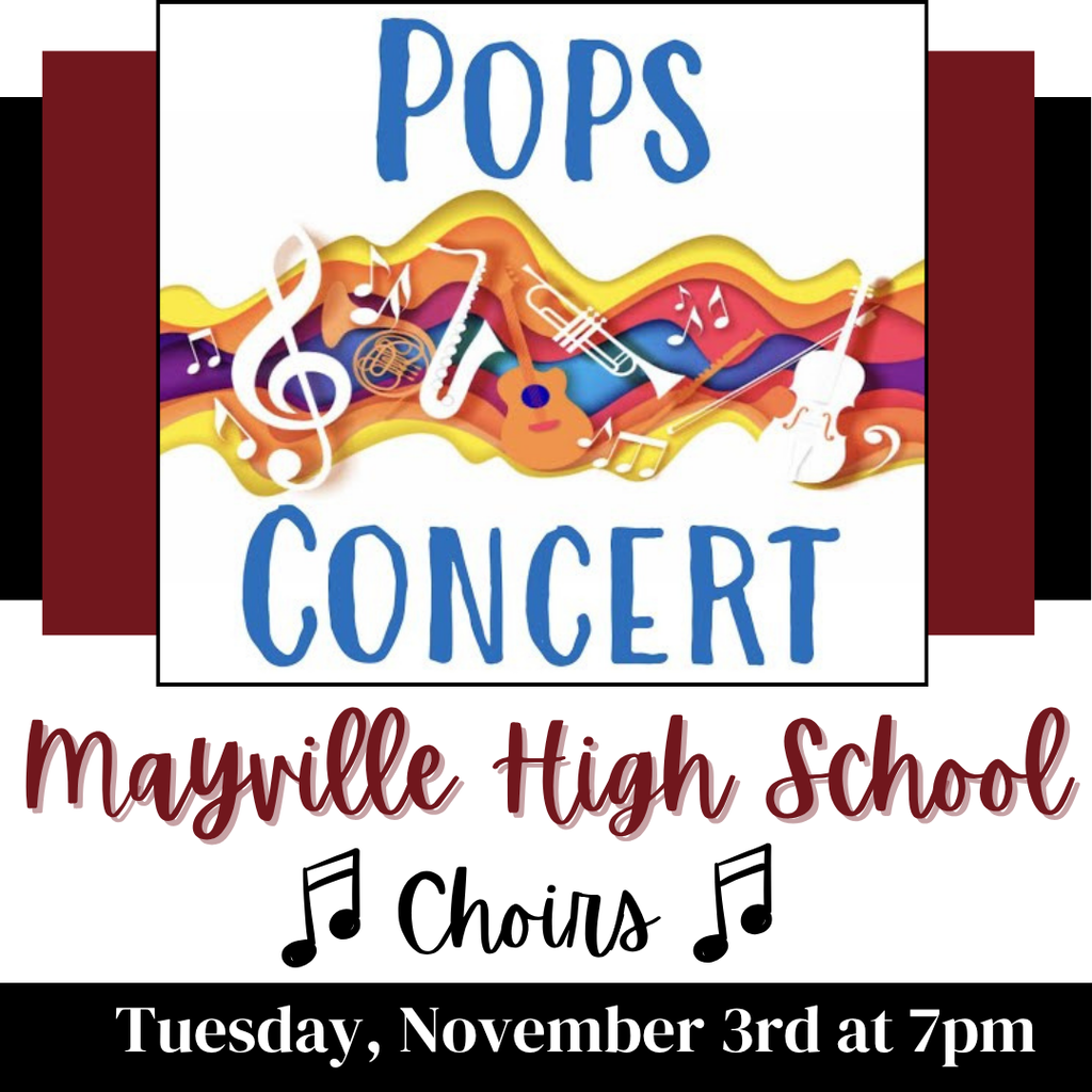 POPS Concert at MHS Tuesday, Nov 3 at 7pm at MHS auditorium graphic with musical instruments, notes and bright colors