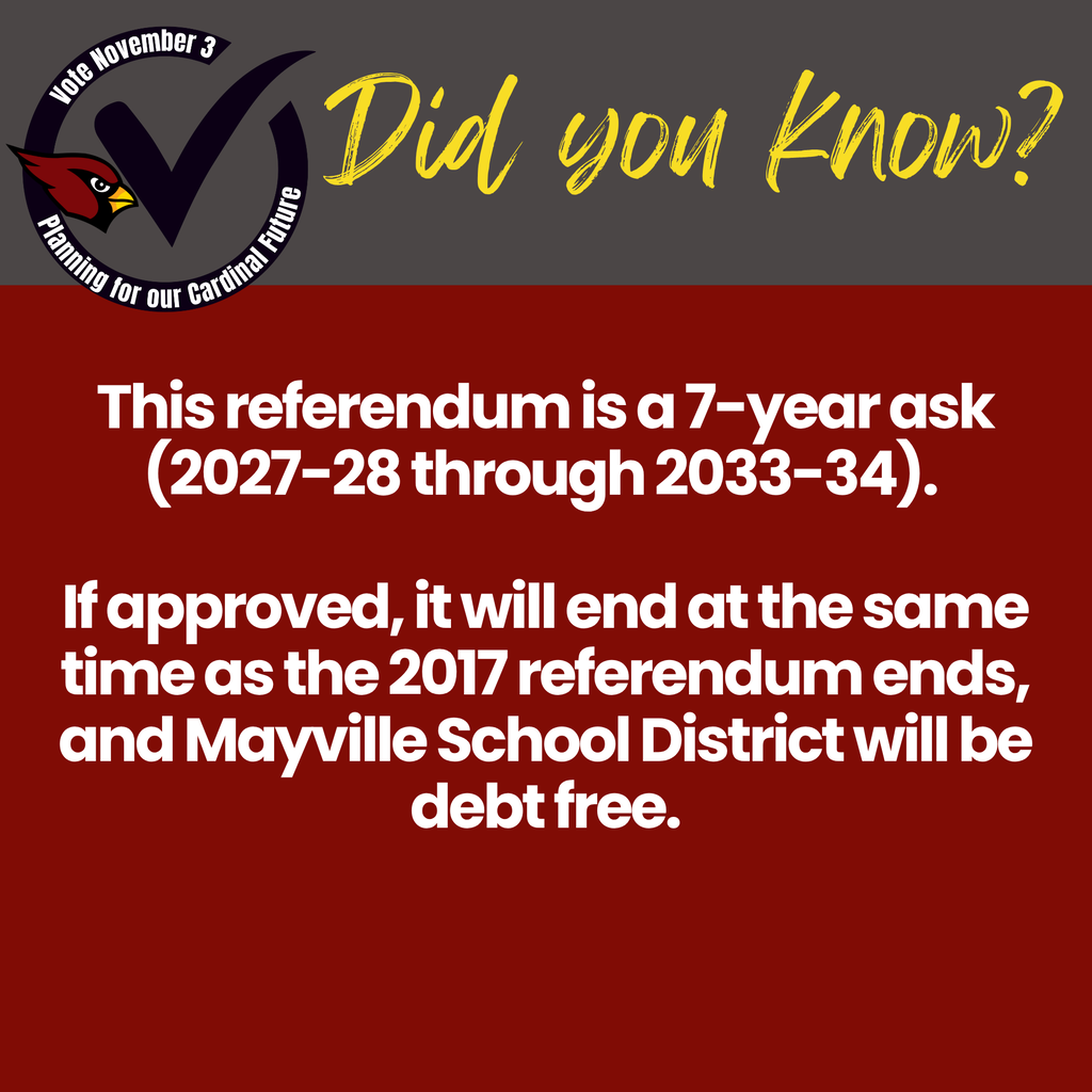 Did you know? This referendum is a 7-year ask (2027-28 through 2033-34). If approved, it will end at the same time as the 2017 referendum ends, and Mayville School District will be debt free.