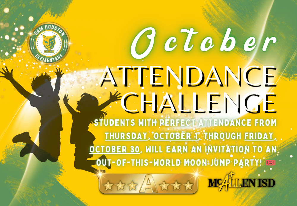 Yellow and green background with image of children jumping and information about the perfect attendance challenge in English