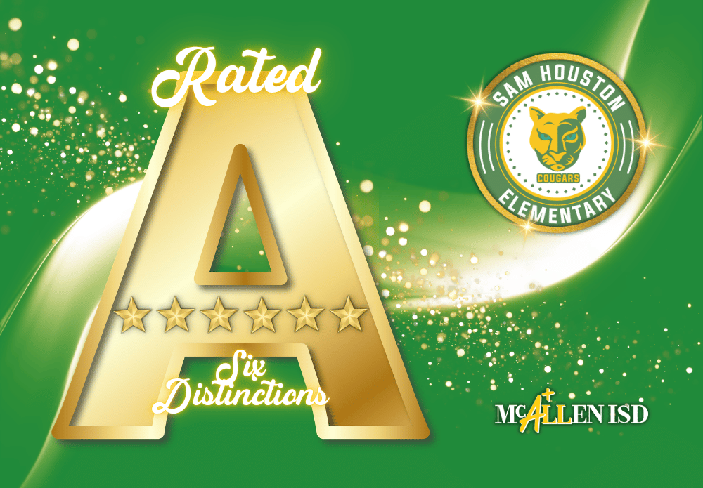 Green background with school logo and A rating with six six stars as distinctions