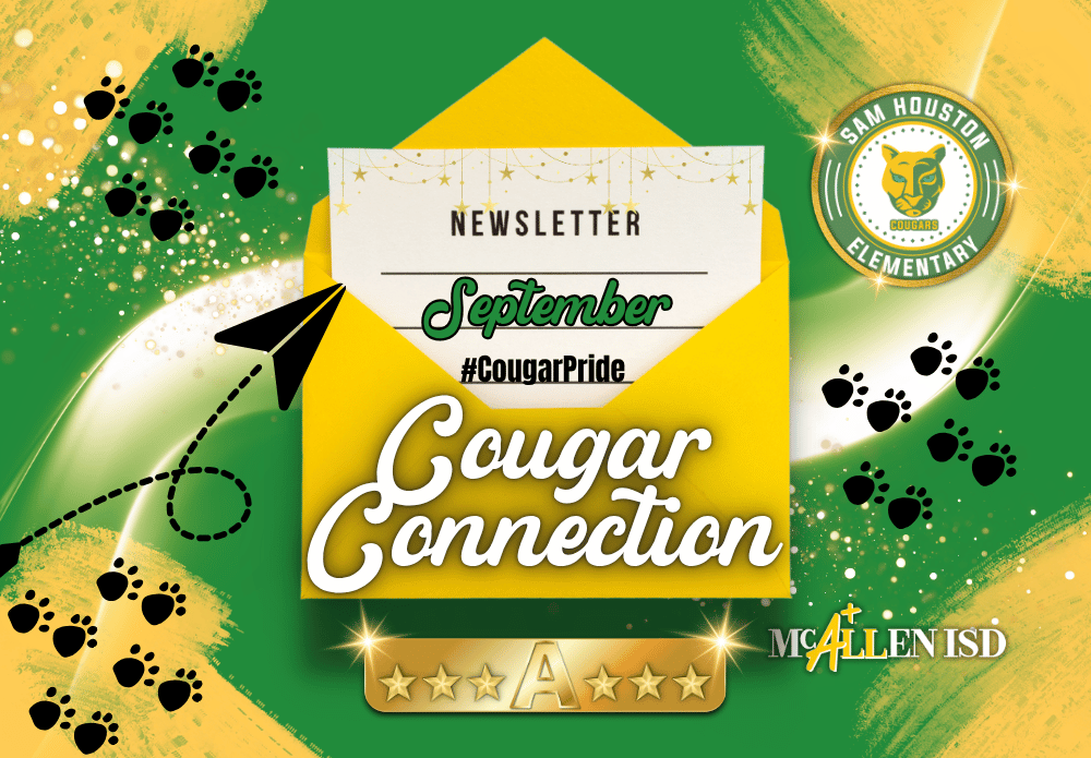 Green and yellow background with image of envelope with the words September, Cougar Connection and #CougarPride