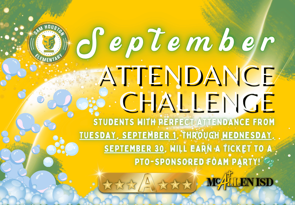 Yellow and green background with image of foam bubbles and information about the perfect attendance challenge in English
