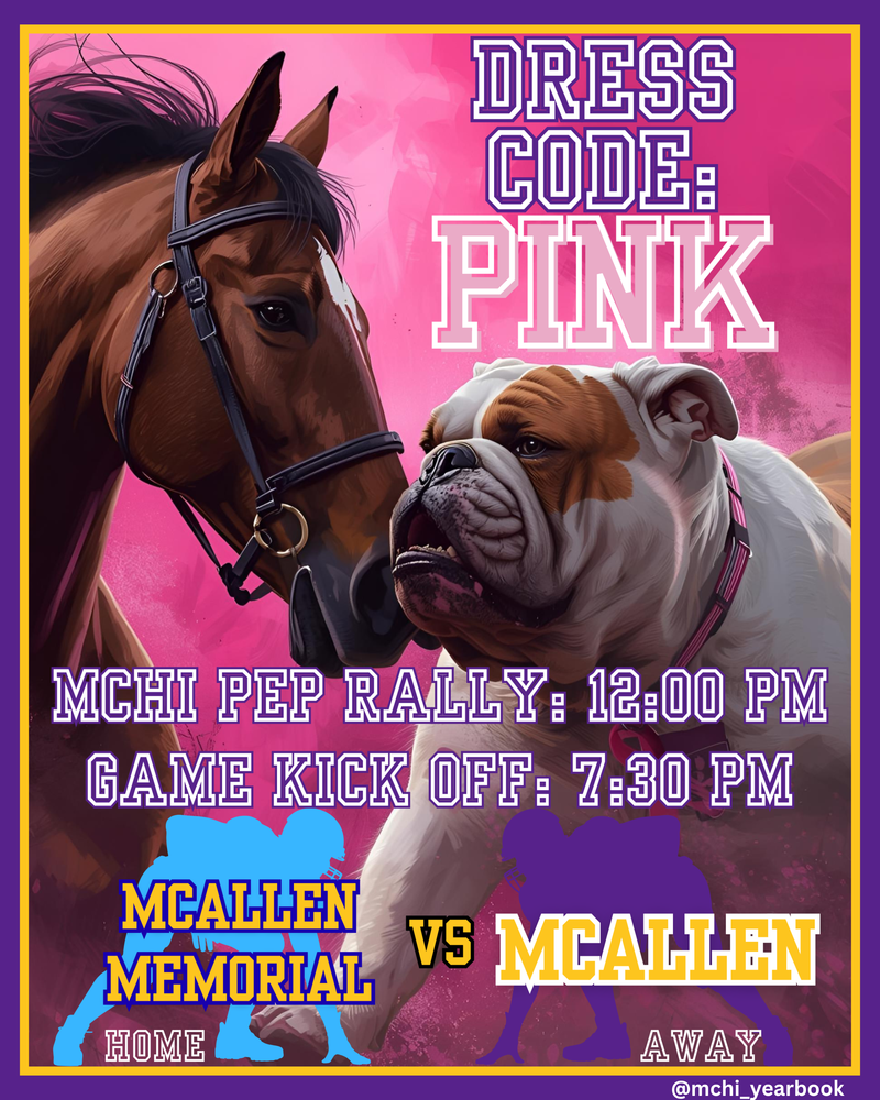 Reminder of game time for McHi-Memorial football game and pep rally.