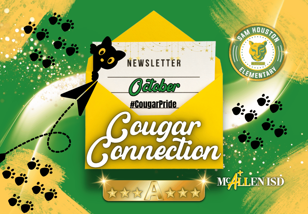 Green and yellow background with image of envelope with the words October, Cougar Connection and #CougarPride