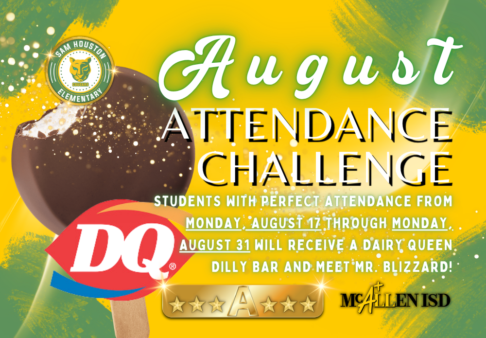 Yellow background with image of a dairy queen dilly bar and information about the perfect attendance challenge in English