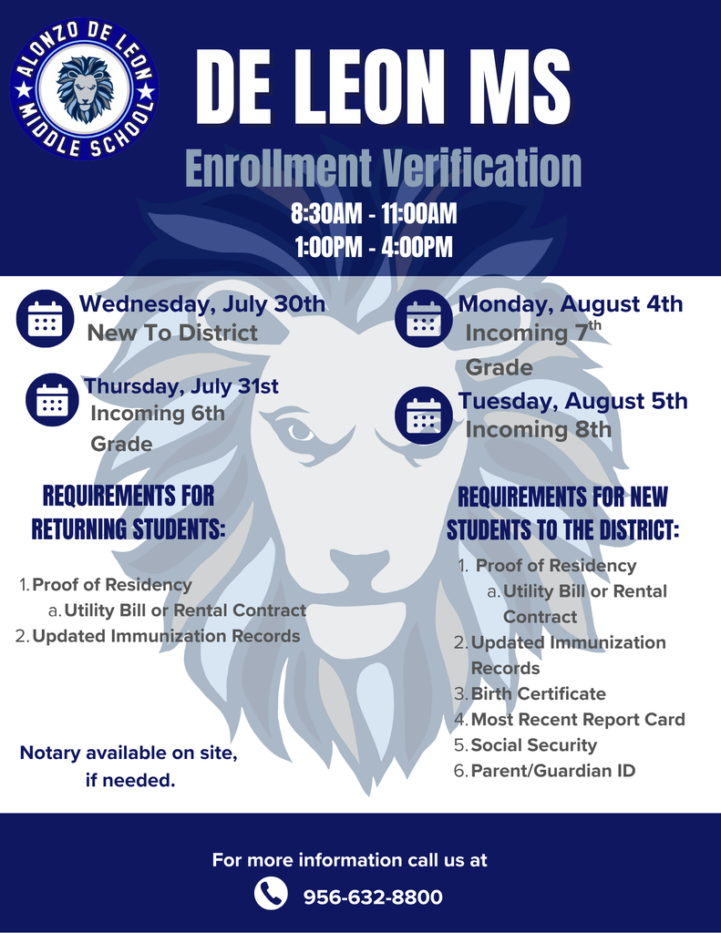 Enrollment Verification will be on July 30th and 31st and August 4th and 5th from 8:30 am-11:00 am and 1:00 pm -4:00 pm.