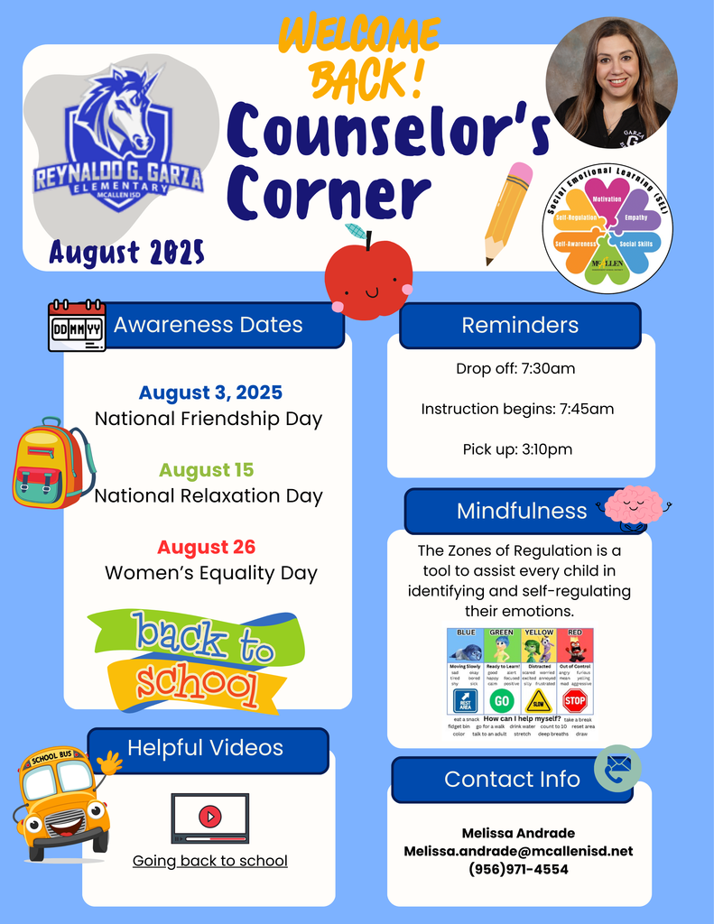 Counselor's Corner Newsletter for August 2025. It includes awareness dates, reminders, mindfulness, helpful videos, and contact information.