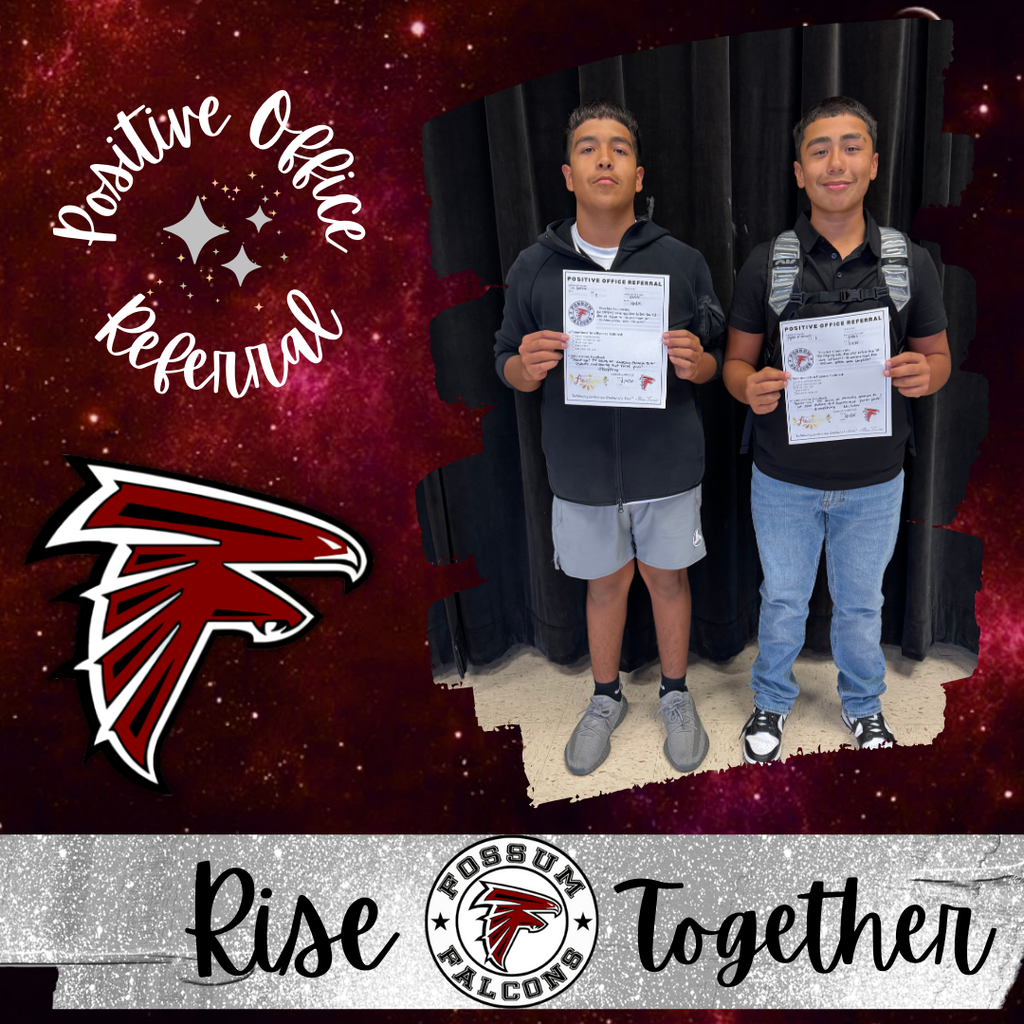 Two Fossum Middle School students hold Positive Office Referral certificates, standing proudly in front of a black curtain with Falcon spirit graphics around them.