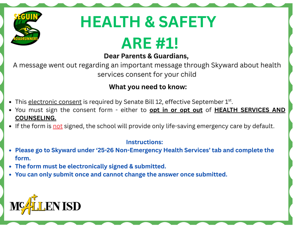 Seguin Health Services & Counseling Consent Forms on Skyward 