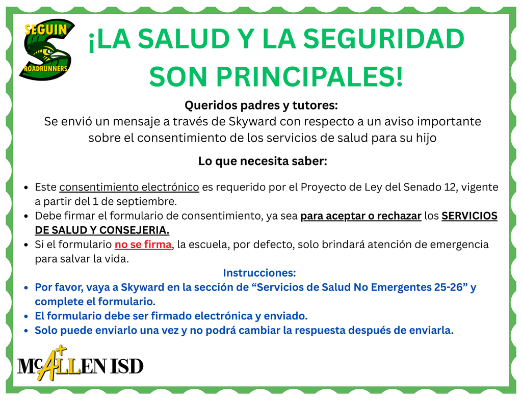 Seguin Health Services & Counseling Consent Forms on Skyward 