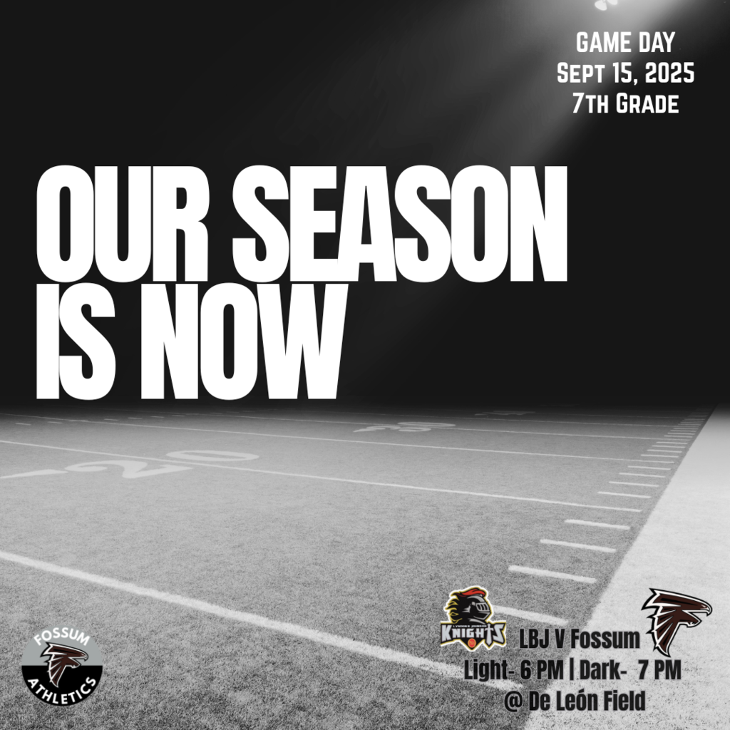 Graphic showing Fossum Middle School upcoming football games with Falcon logo and school colors.