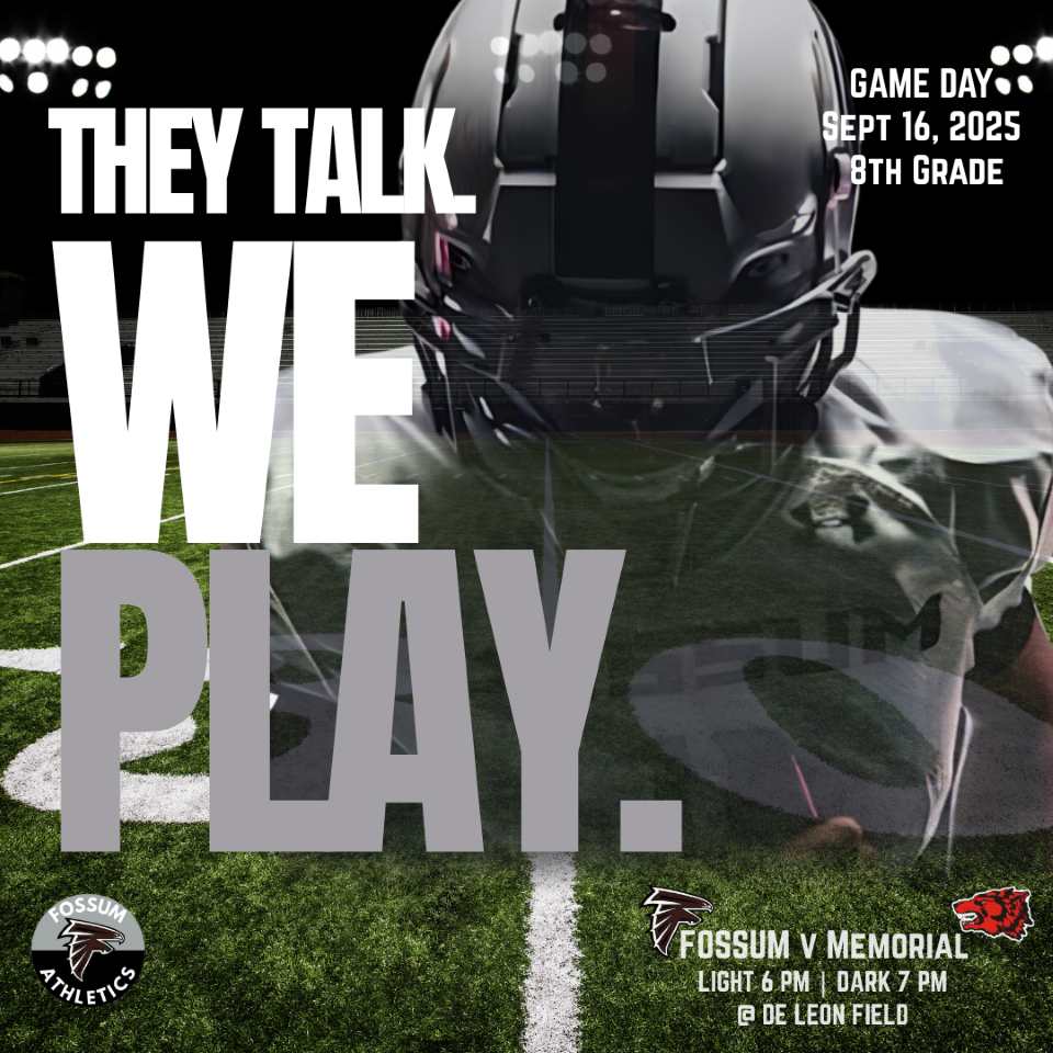 Graphic showing Fossum Middle School upcoming football games with Falcon logo and school colors.